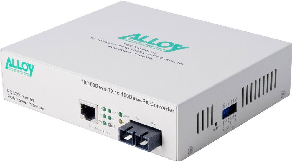 Alloy POE200SC PoE PSE Fast Ethernet Media Converter, has a 10/100Mbps PoE RJ-45 port and a SC terminated multimode fibre port Alloy POE200SC PoE PSE Fast Ethernet Media Converter, has a 10/100Mbps PoE RJ-45 port and a SC terminated multimode fibre port